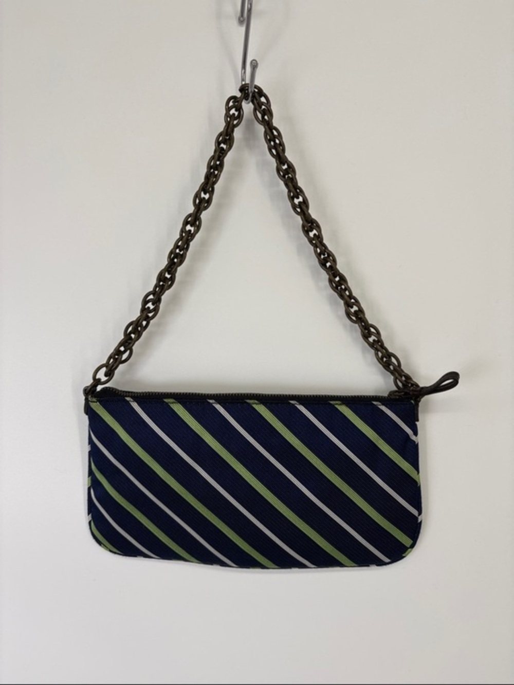 🗄️ J. Crew silk Navy Blue and Lime Green Striped Mini Bag with Chain Strap